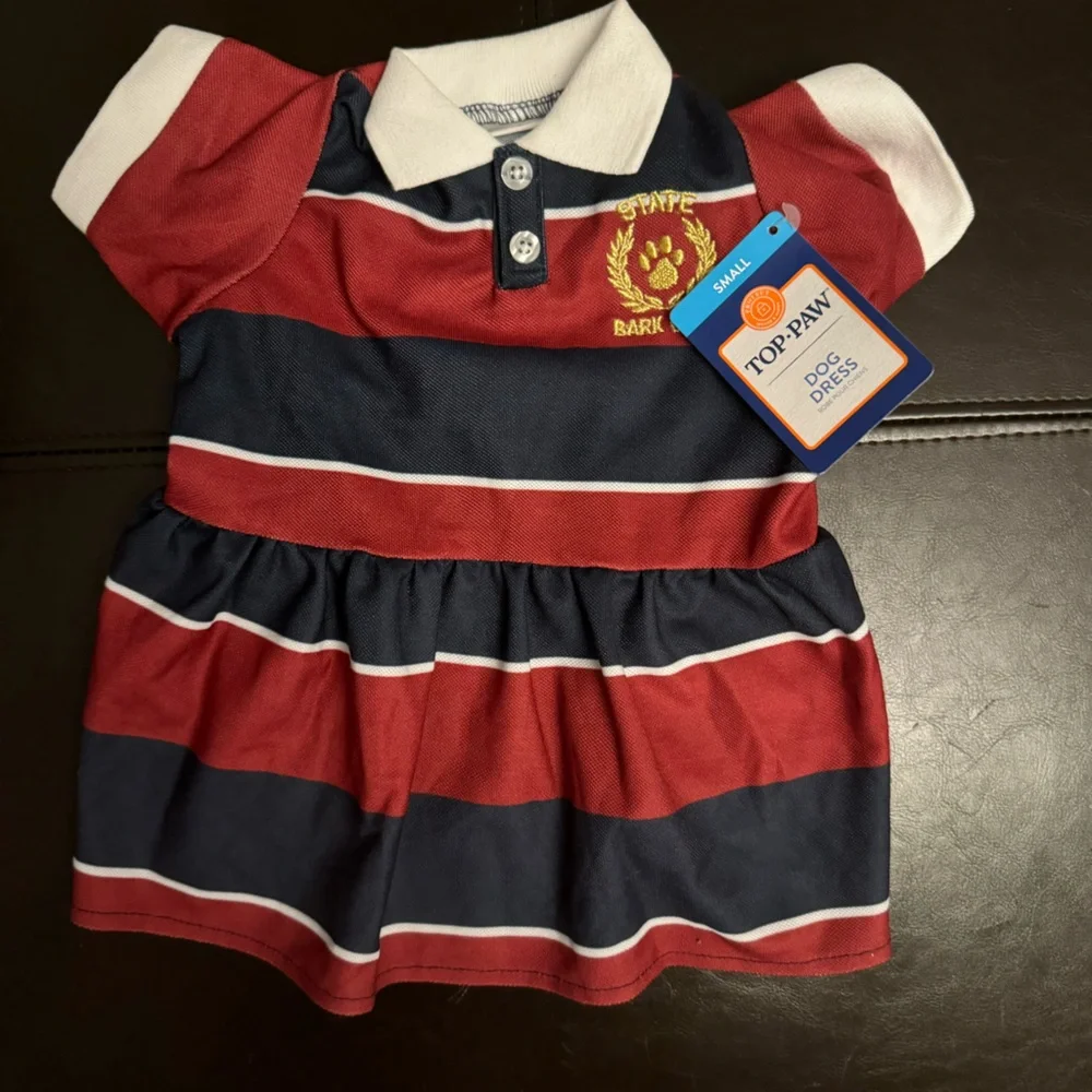 Top Paw Red and Navy Striped Dog Dress with White Collar Preppy Size Small NWT
